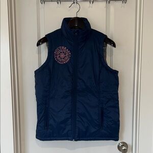 Navy Blue Puffer Vest with compass logo, size M